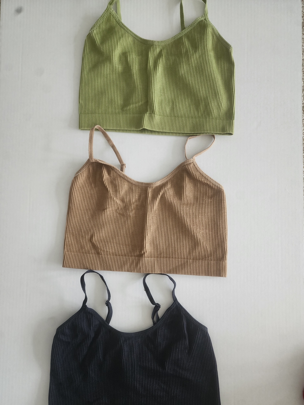 Ardene Ribbed Crop Tops - Olive Green, Tan, Black (3-Pack)